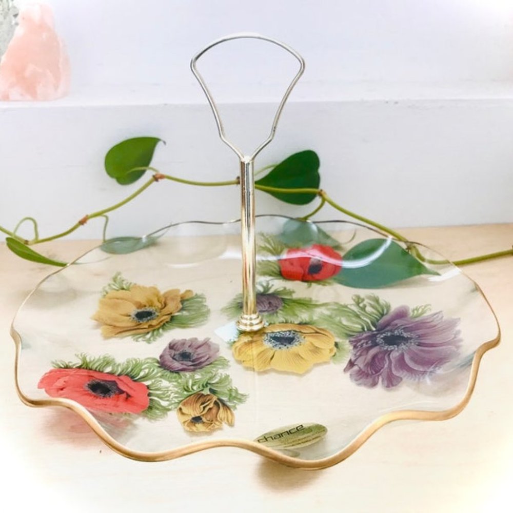 Chance Glass Dessert Plate Dish - 1960s - Anemone Made in England Poppies